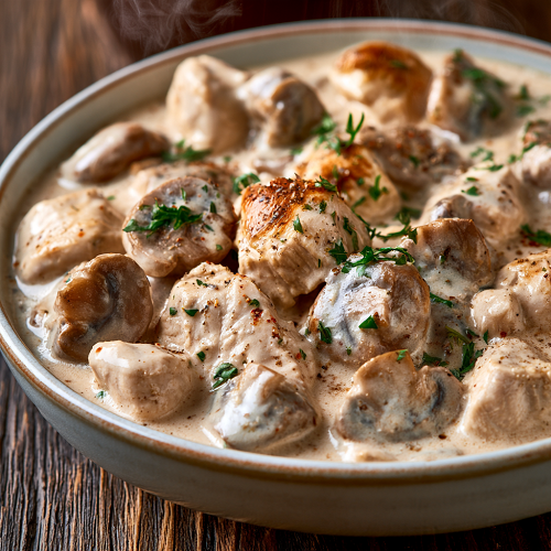 Куриное фрикасе со сливками и шампиньонами