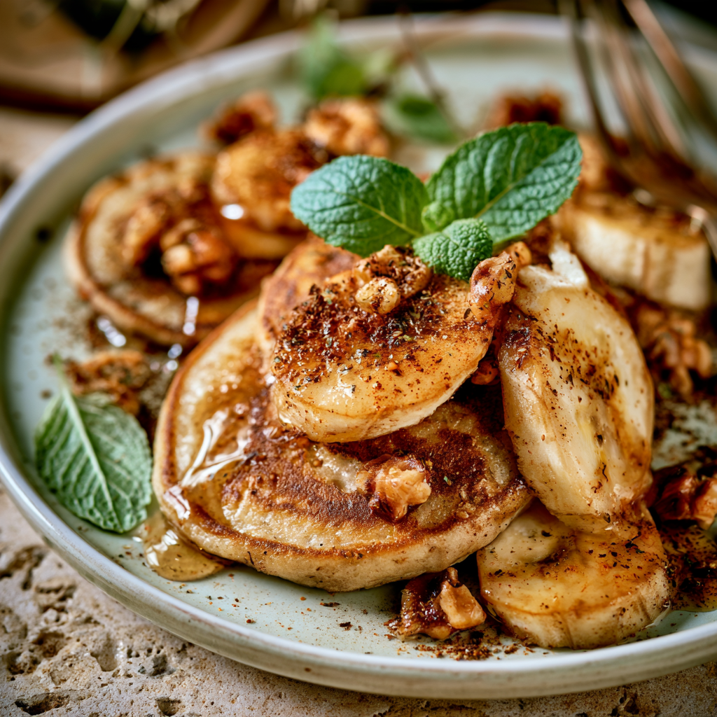 Банановые оладьи с мёдом и орехами